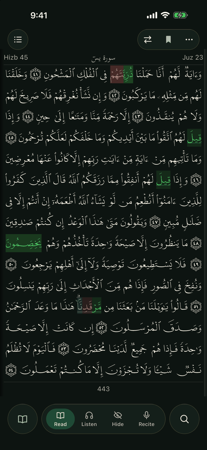 A mushaf page on iPhone in dark mode